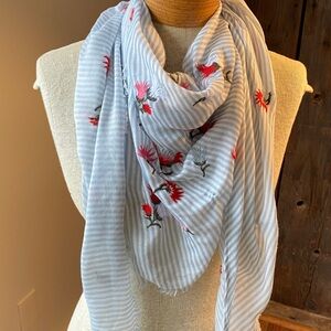 J Jill triangle scarf blue white stripe with embroidered flowers soft EUC